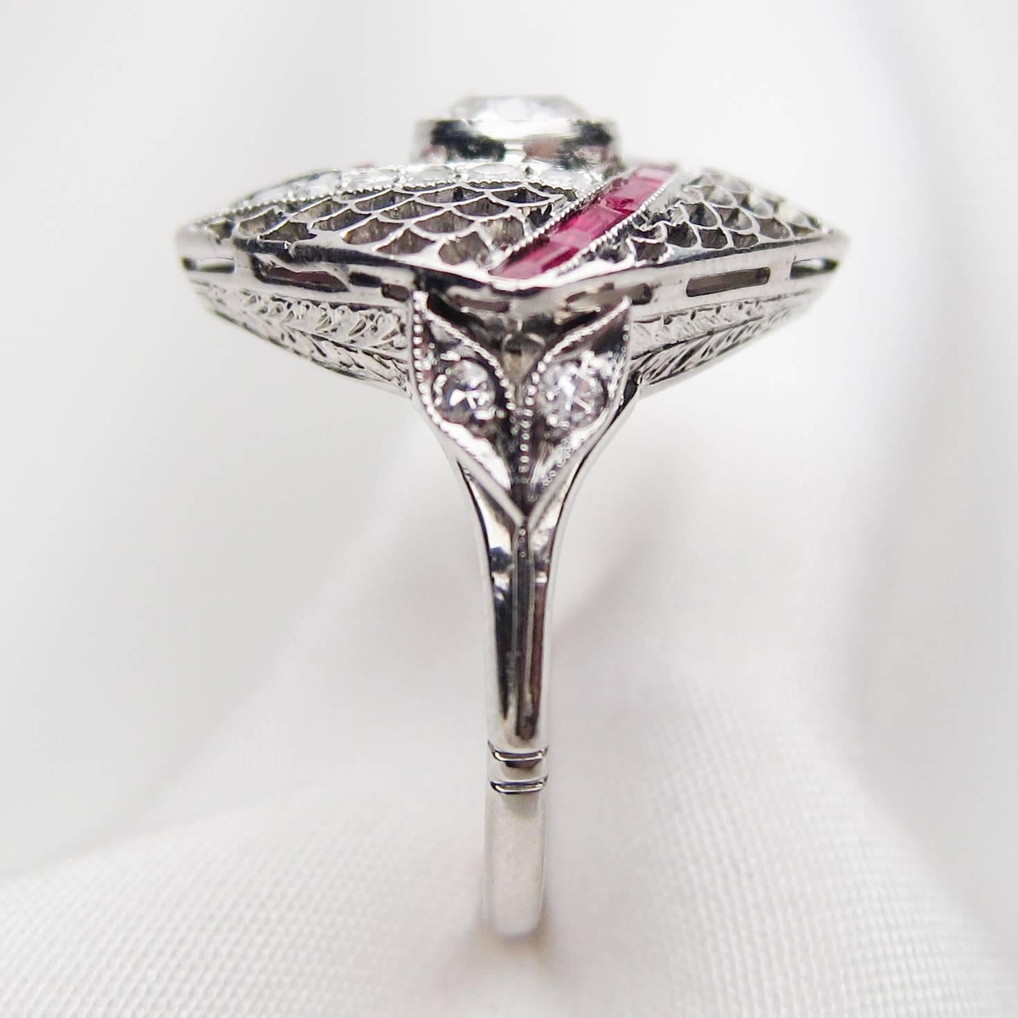 Art Deco Diamond and Ruby Square Filigree Platinum Cocktail Ring In Excellent Condition For Sale In Seattle, WA