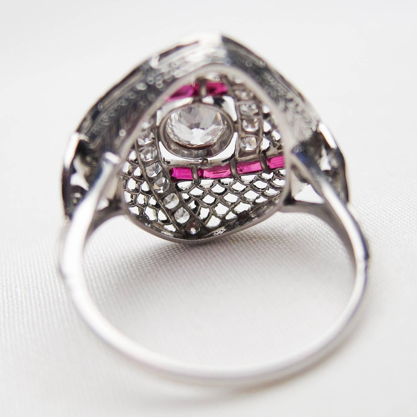 Women's Art Deco Diamond and Ruby Square Filigree Platinum Cocktail Ring For Sale