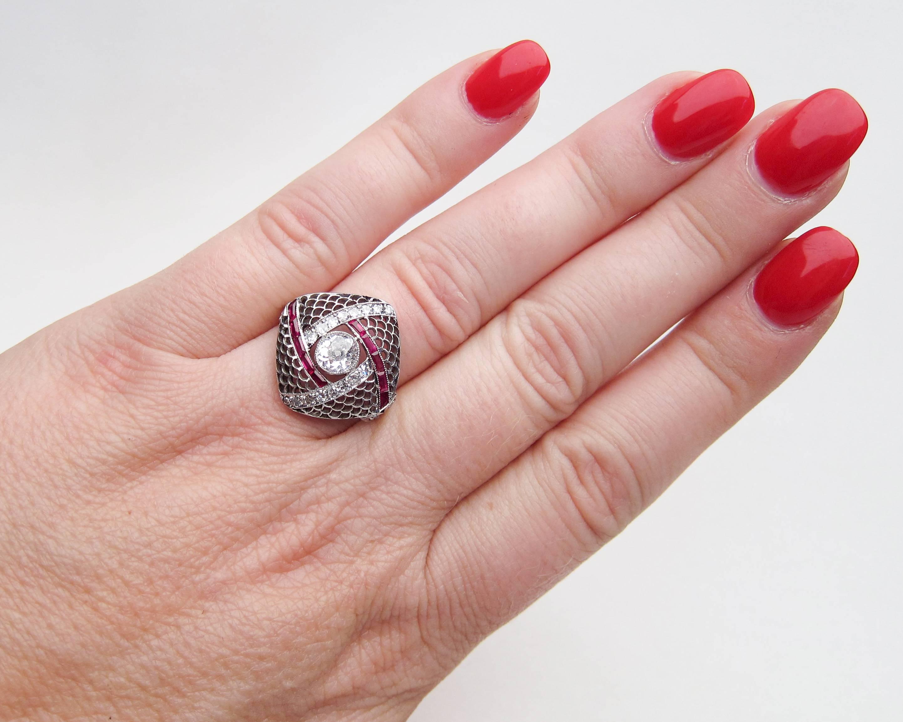 Art Deco Diamond and Ruby Square Filigree Platinum Cocktail Ring For Sale 3