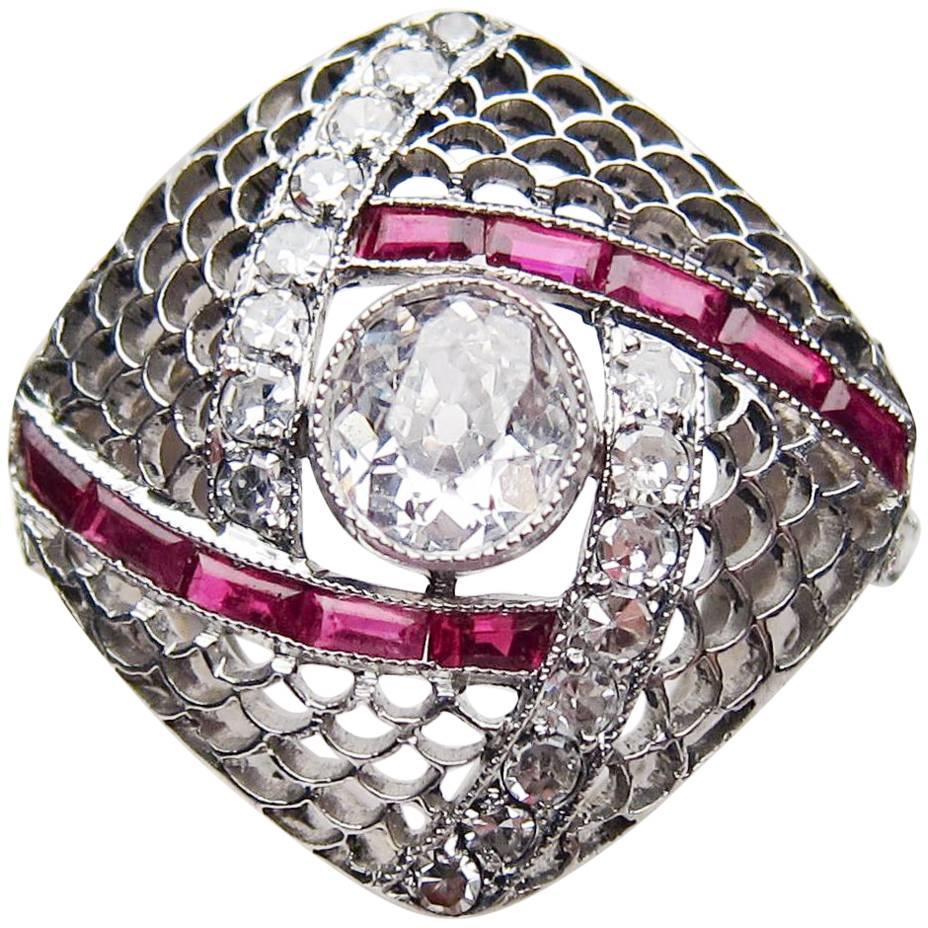 Art Deco Diamond and Ruby Square Filigree Platinum Cocktail Ring For Sale