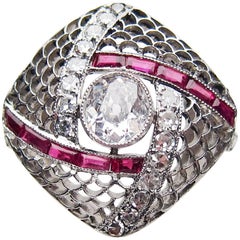 Art Deco Diamond and Ruby Square Filigree Platinum Cocktail Ring