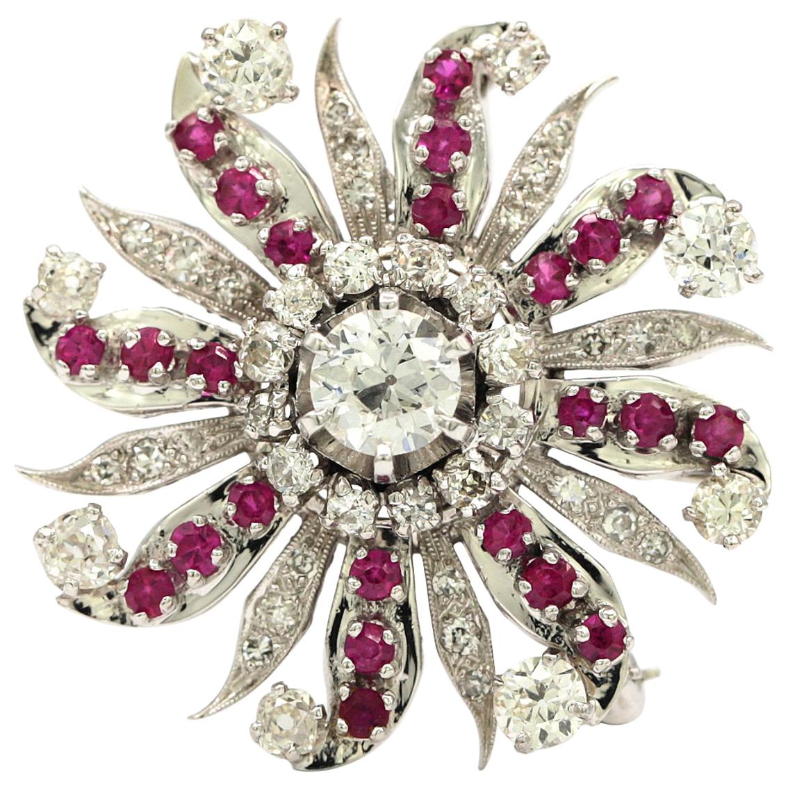 Art Deco Diamond and Ruby Sunburst Brooch For Sale