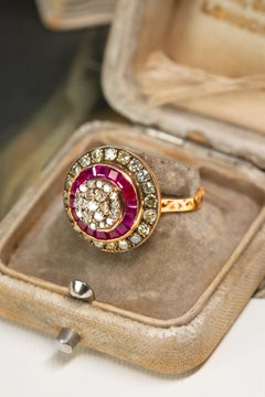 Art Deco Diamond and Ruby Target Ring, Round Ruby Halo Ring Engagement Ruby Ring