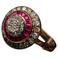 Antique Art Deco Diamond and Ruby Target Ring, Round Ruby Halo Ring Engagement Ruby Ring