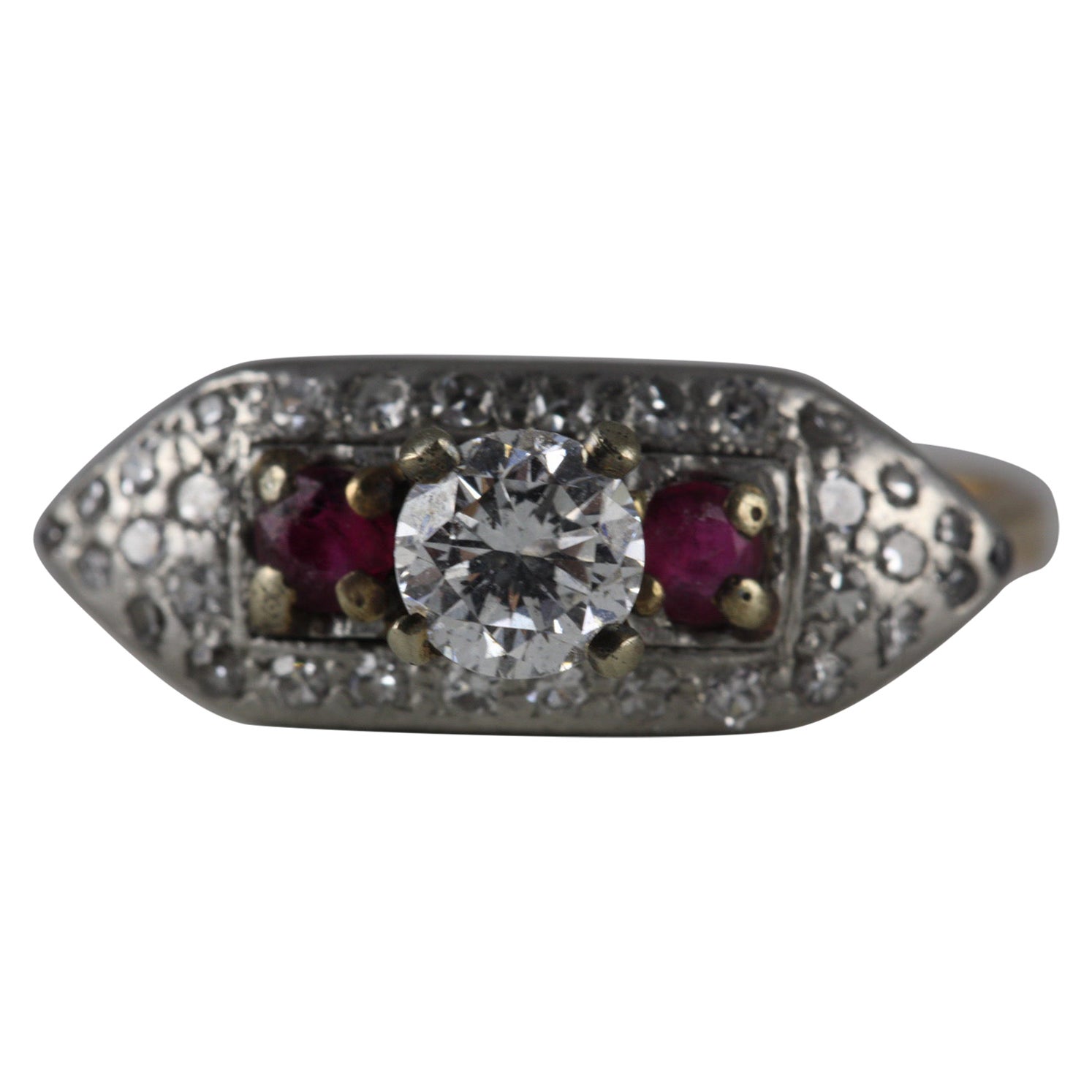 Art Deco Diamond and Ruby Three-Stone Navette Ring For Sale