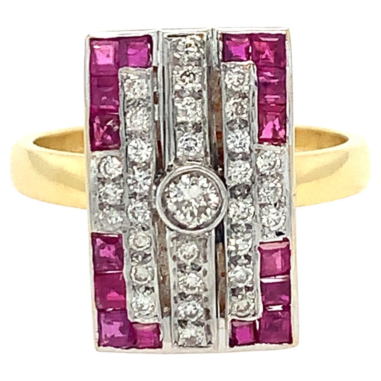 Zweifarbiger Art-déco-Ring mit Diamanten und Rubinen     