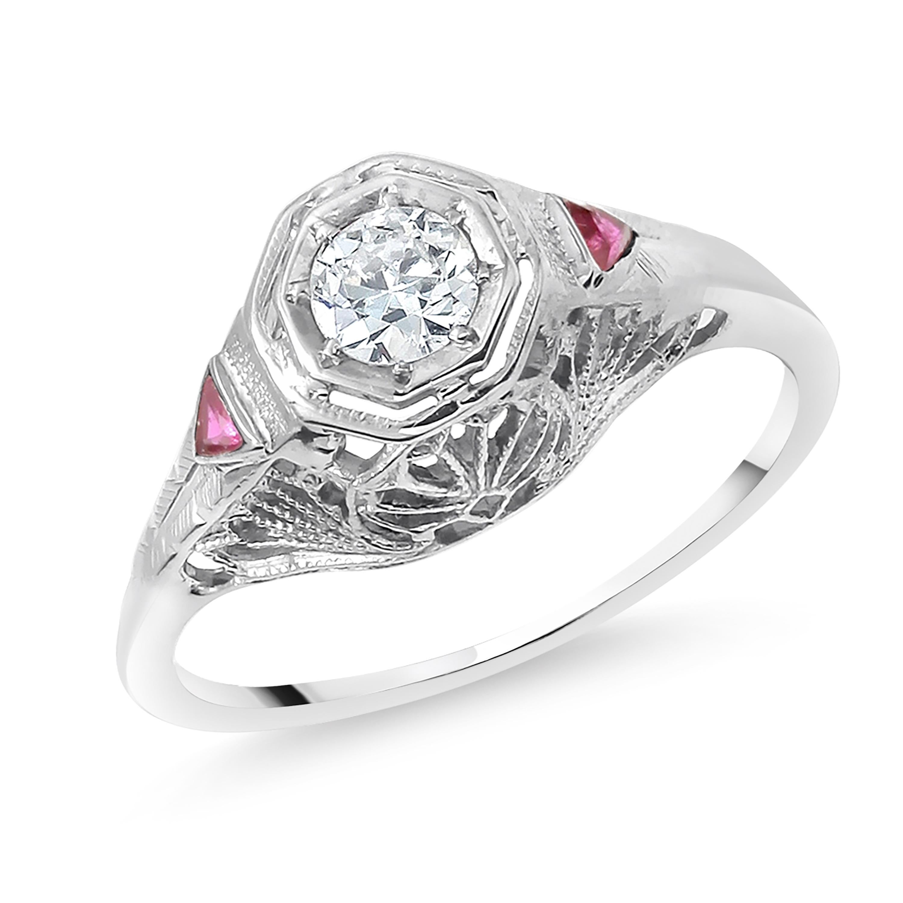 Round Cut Art Deco Diamond and Ruby White Gold Engagement Ring