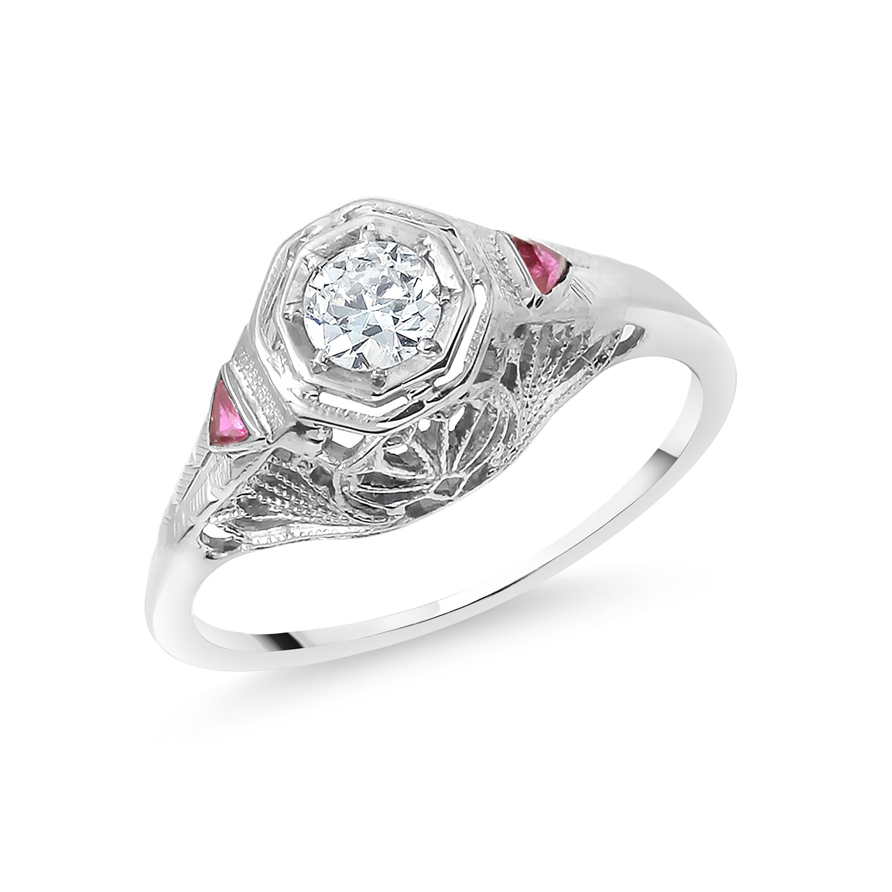 Women's Art Deco Diamond and Ruby White Gold Engagement Ring