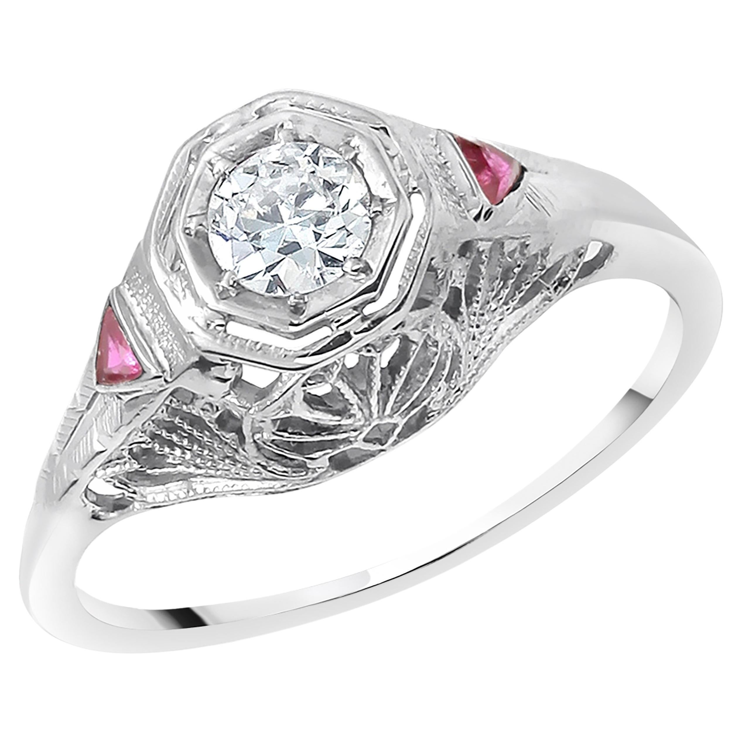 Bague de fiançailles Art déco en or blanc avec diamants et rubis