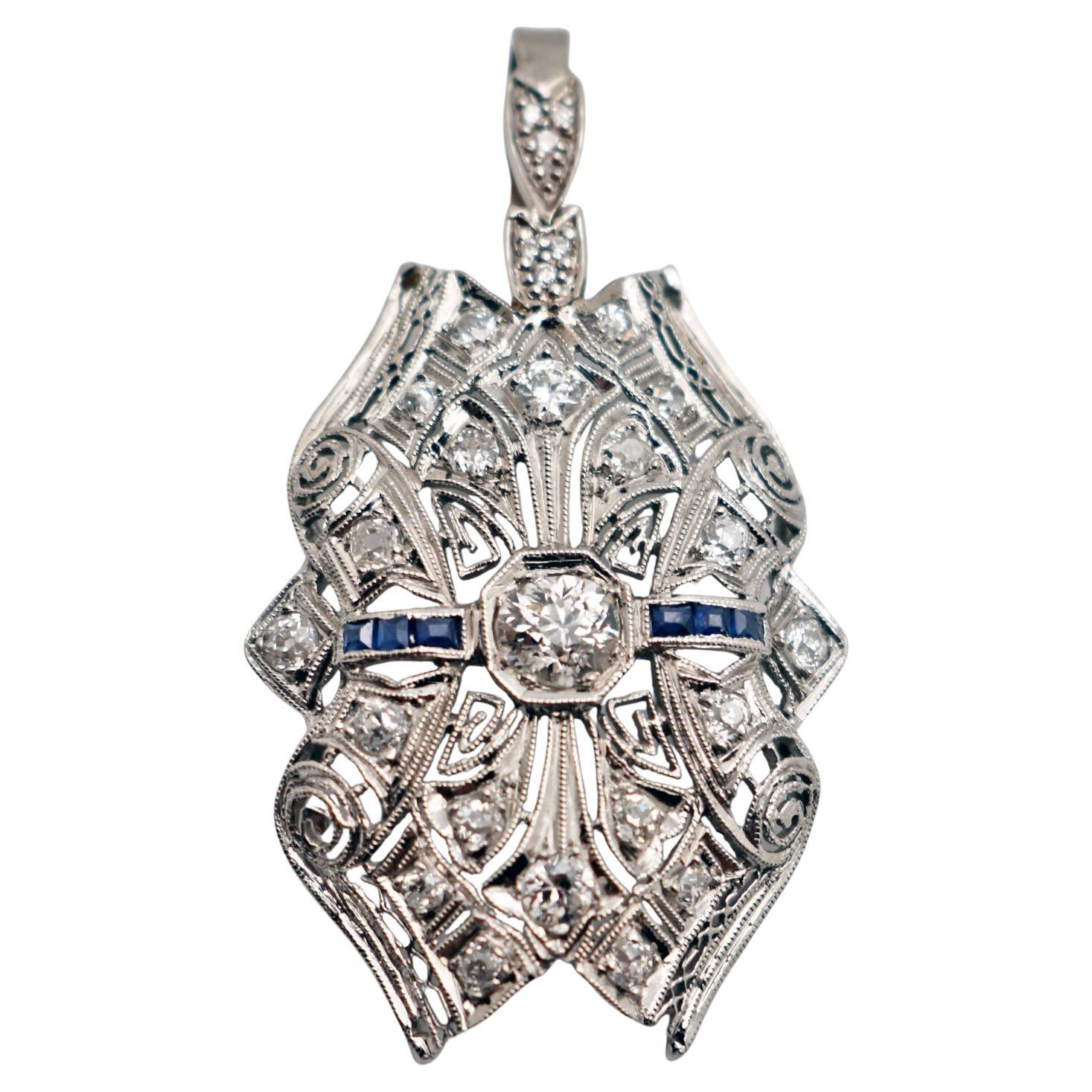 Art Deco Diamond and Sapphire 14 Karat White Gold Pendant