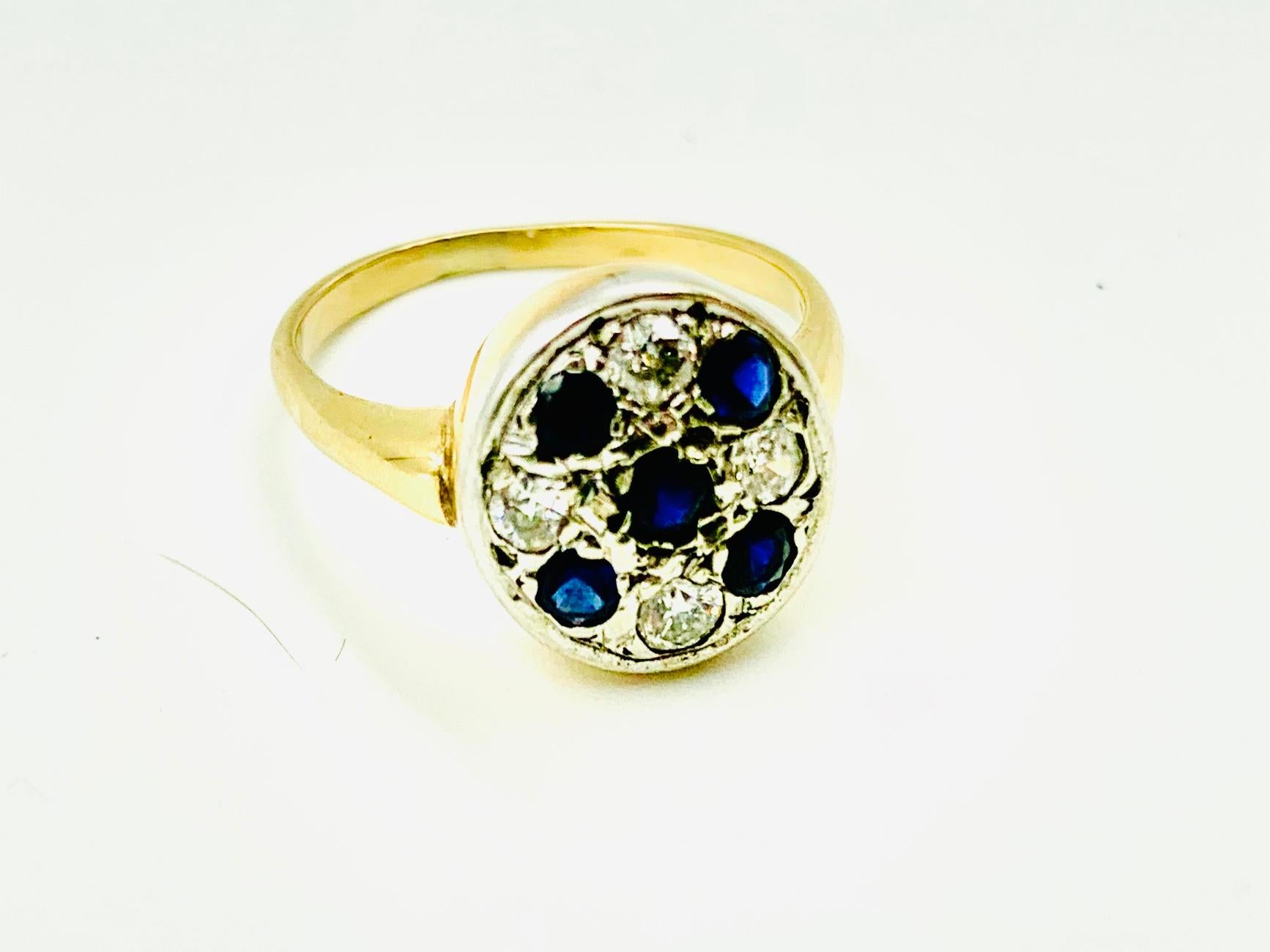 Art Deco Diamond, Sapphire 14K Yellow Gold, Platinum Circle Ring For Sale 1
