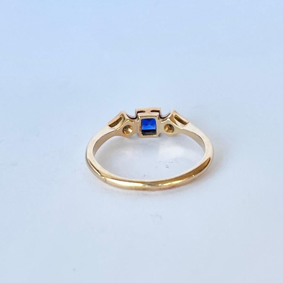 Square Cut Art Deco Diamond and Sapphire 18 Carat Gold Ring For Sale