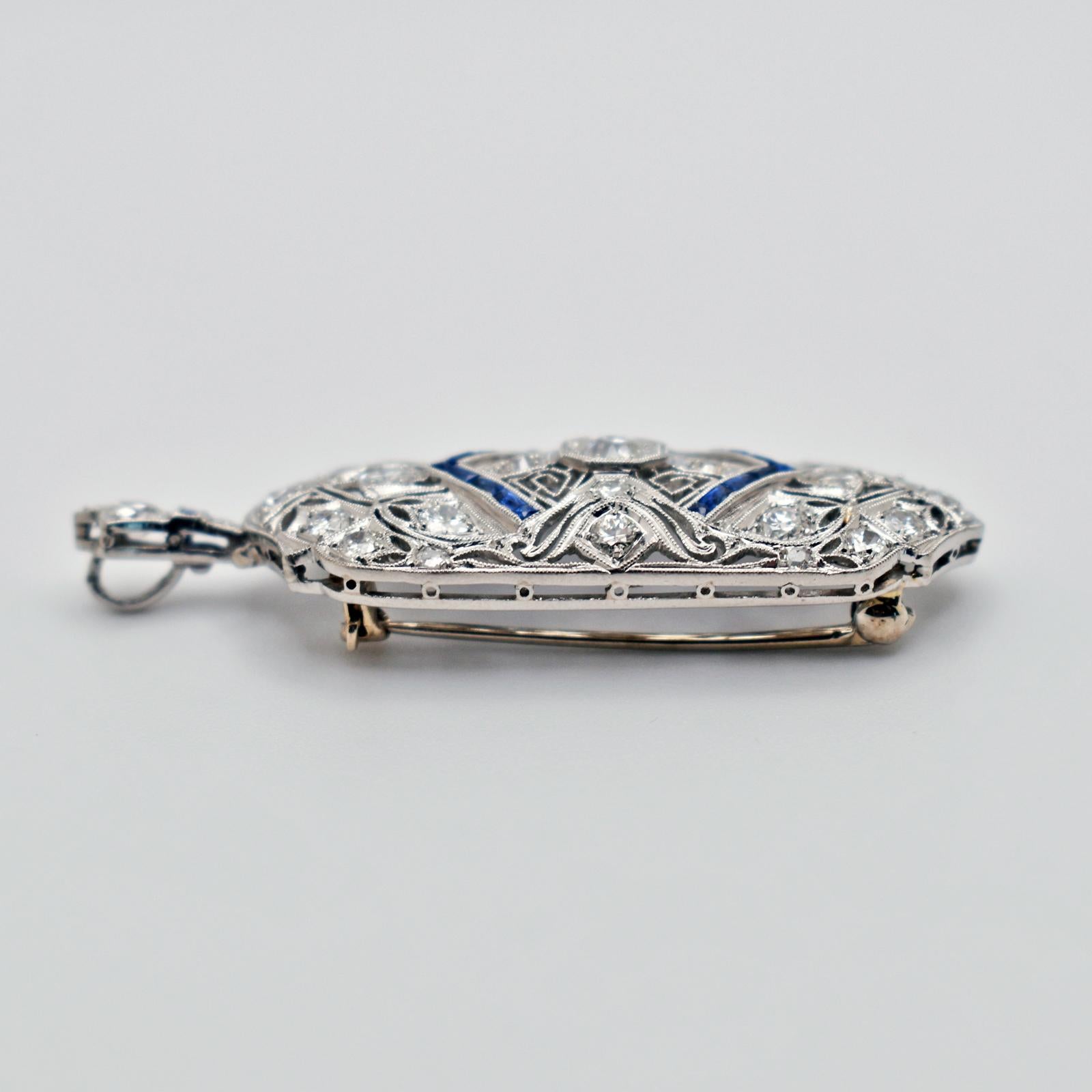 Women's Art Deco Diamond and Sapphire 18 Karat White Gold Pendant Brooch For Sale