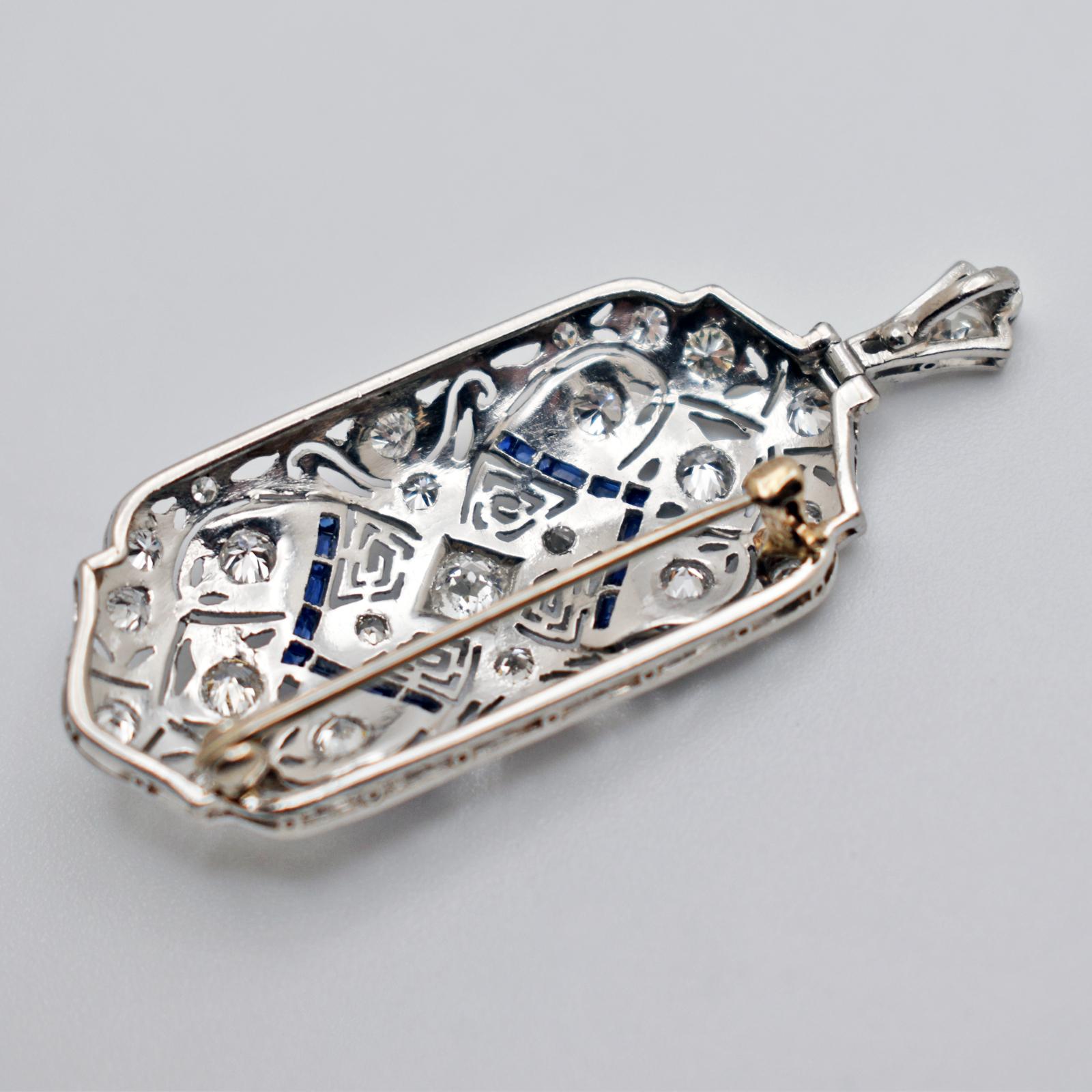 Art Deco Diamond and Sapphire 18 Karat White Gold Pendant Brooch For Sale 2