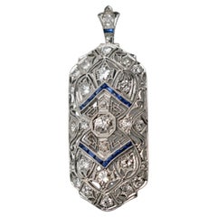 Art Deco Diamond and Sapphire 18 Karat White Gold Pendant Brooch