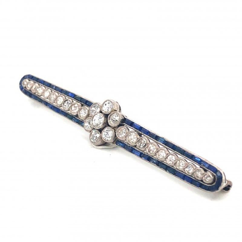 Old European Cut Art Deco Diamond and Sapphire Bar Brooch, Circa 1930