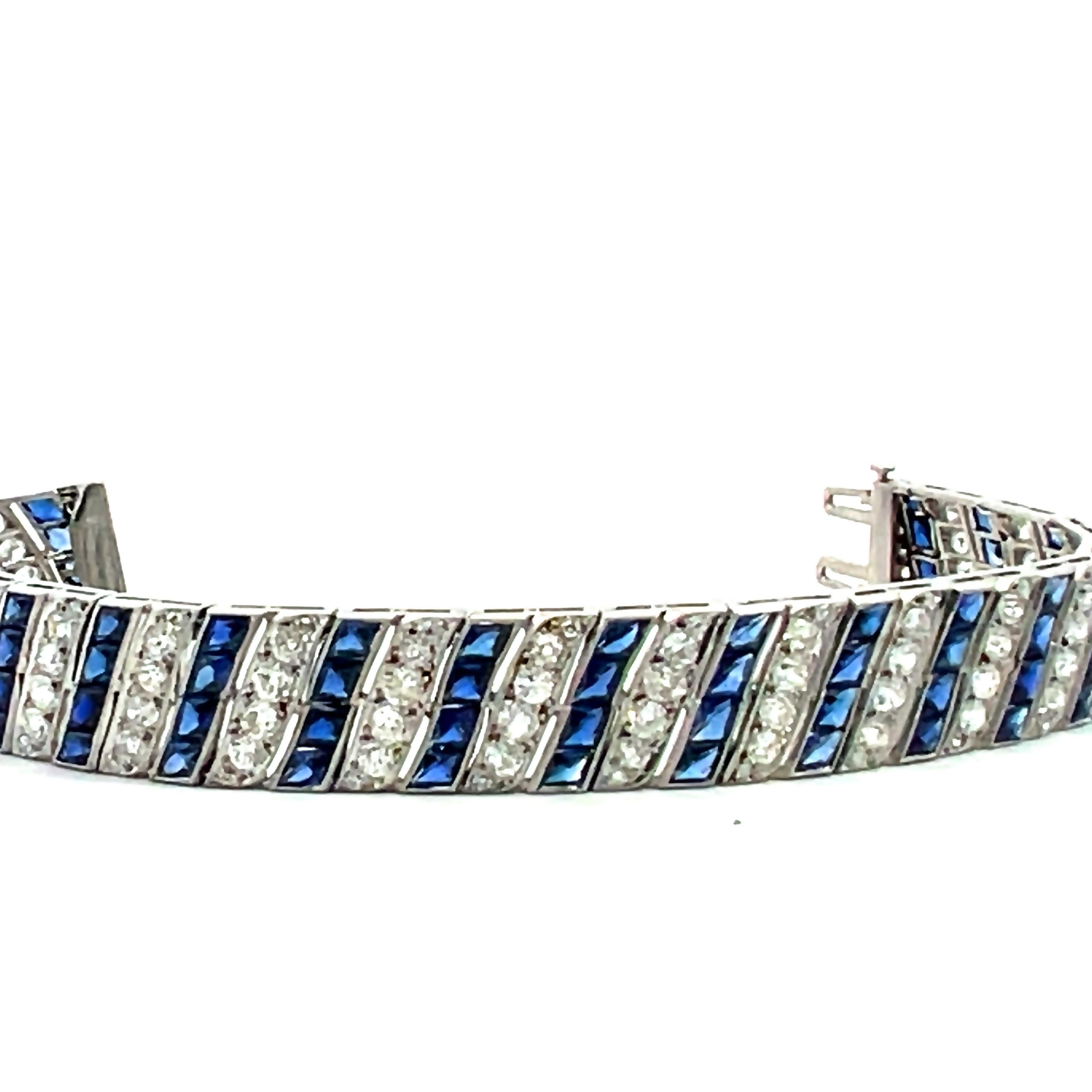 Art Deco Diamond and Sapphire Barberpole Platinum Filigree Tennis Link Bracelet For Sale 5