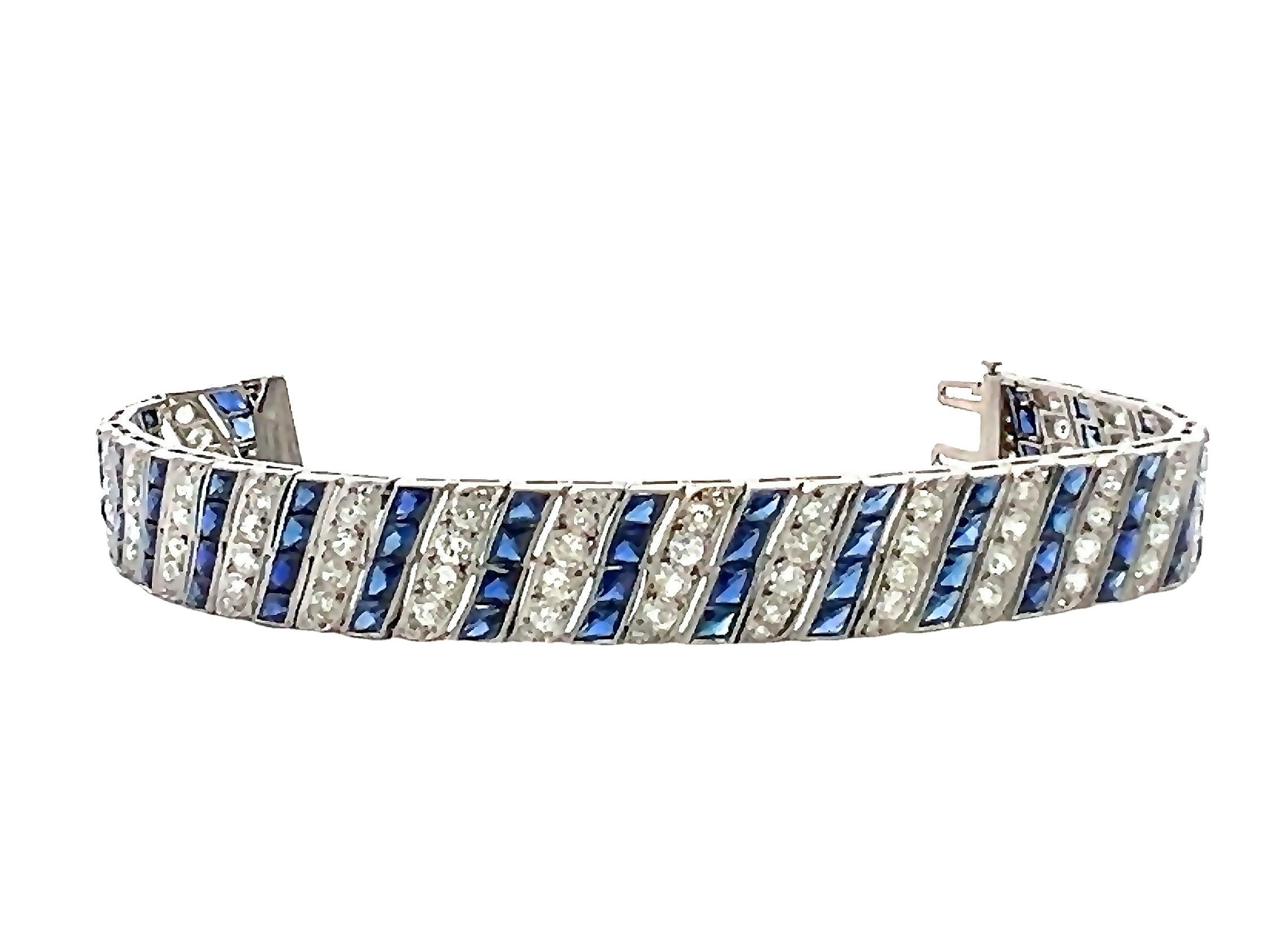 Art Deco Diamond and Sapphire Barberpole Platinum Filigree Tennis Link Bracelet For Sale 6