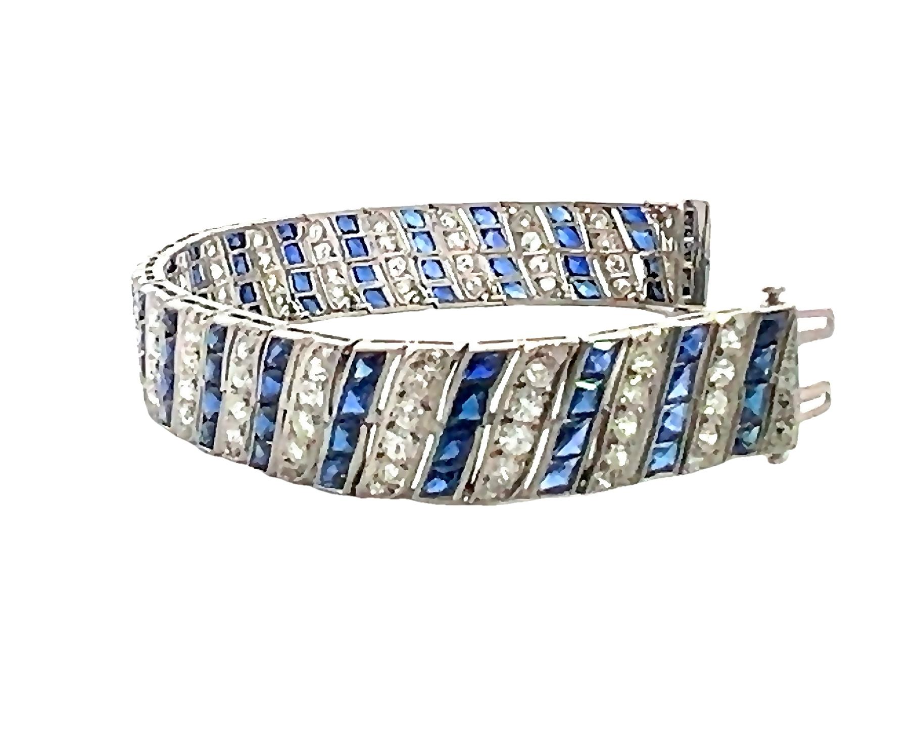 Art Deco Diamond and Sapphire Barberpole Platinum Filigree Tennis Link Bracelet For Sale 7