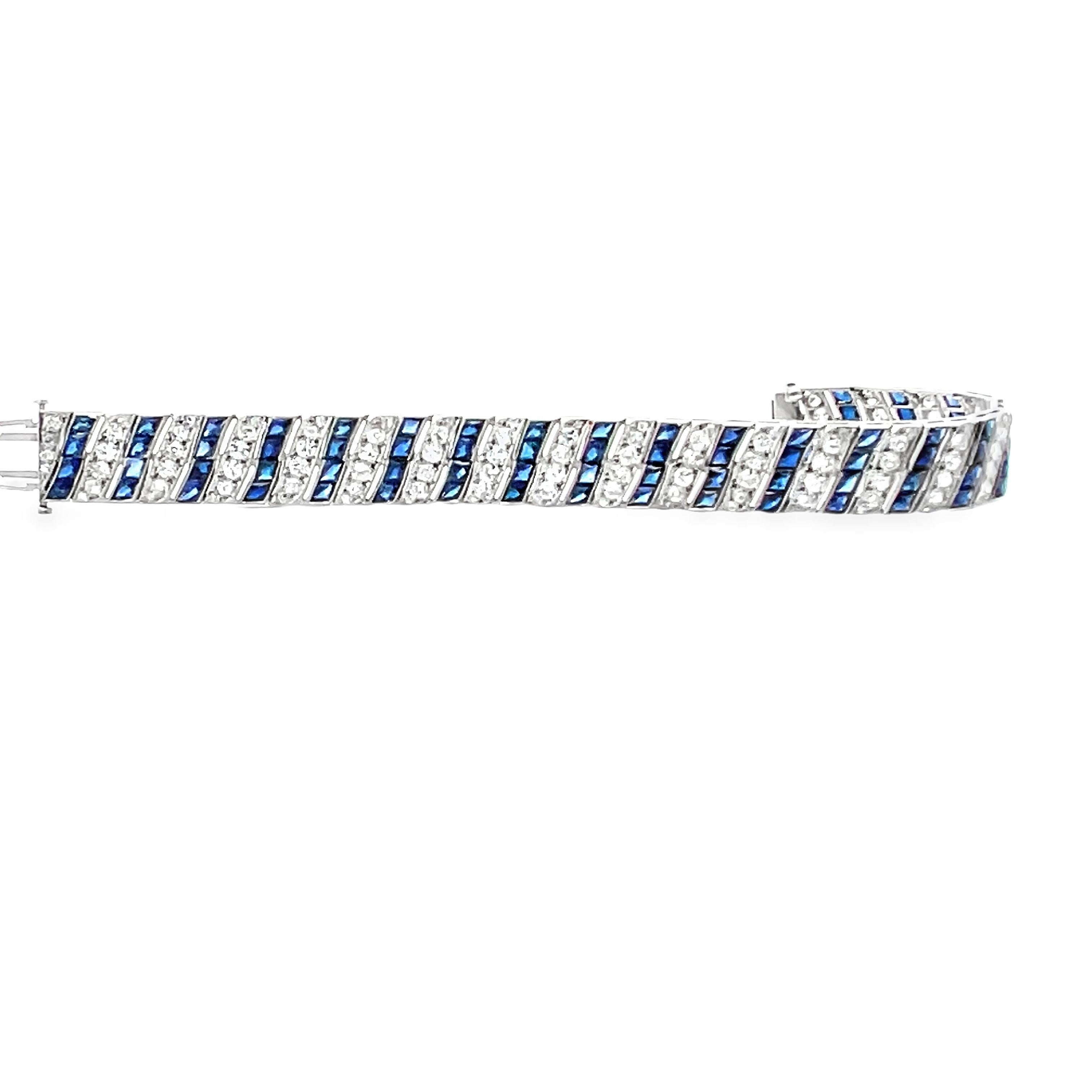 Round Cut Art Deco Diamond and Sapphire Barberpole Platinum Filigree Tennis Link Bracelet For Sale