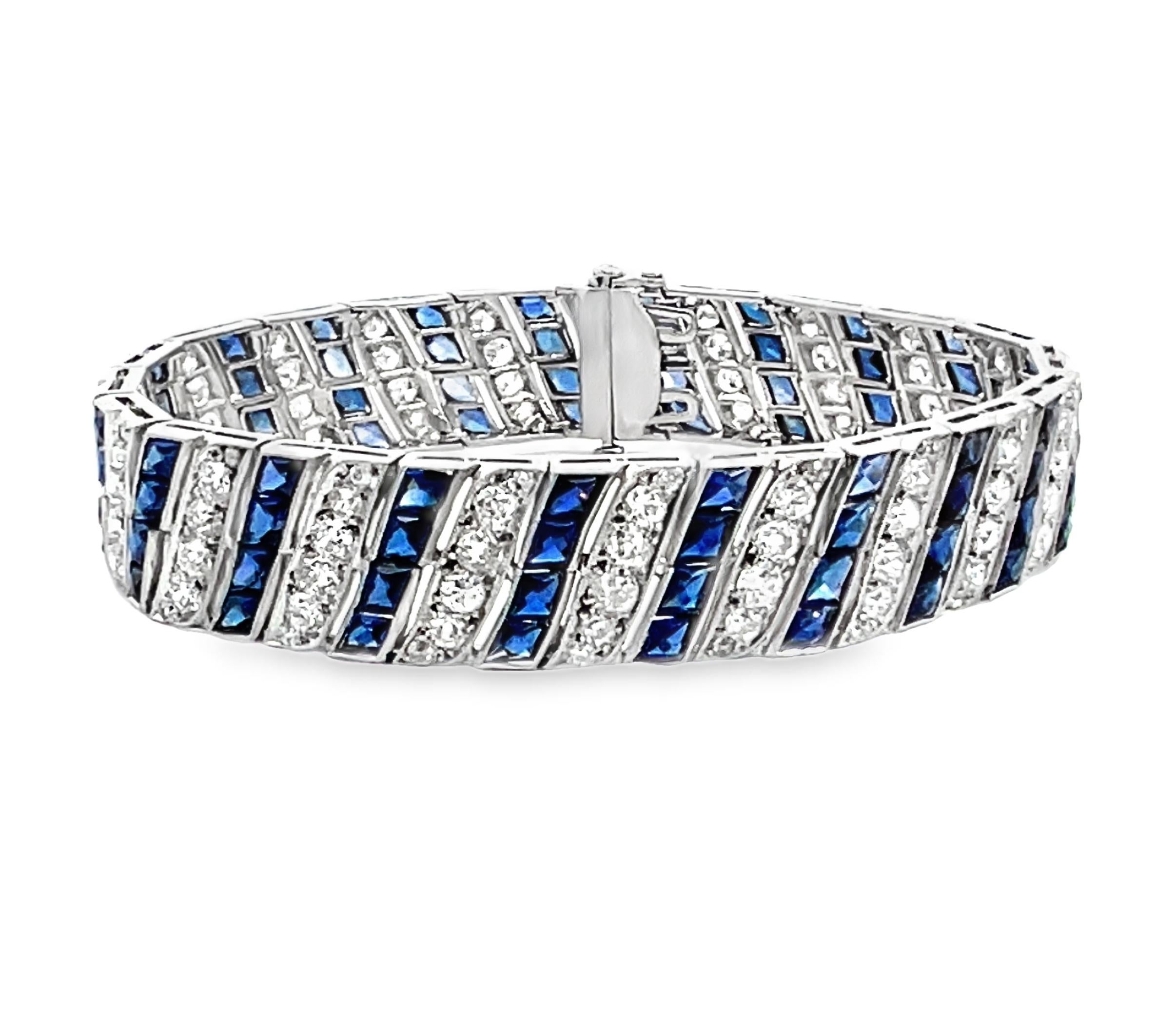 Art Deco Diamond and Sapphire Barberpole Platinum Filigree Tennis Link Bracelet For Sale 1