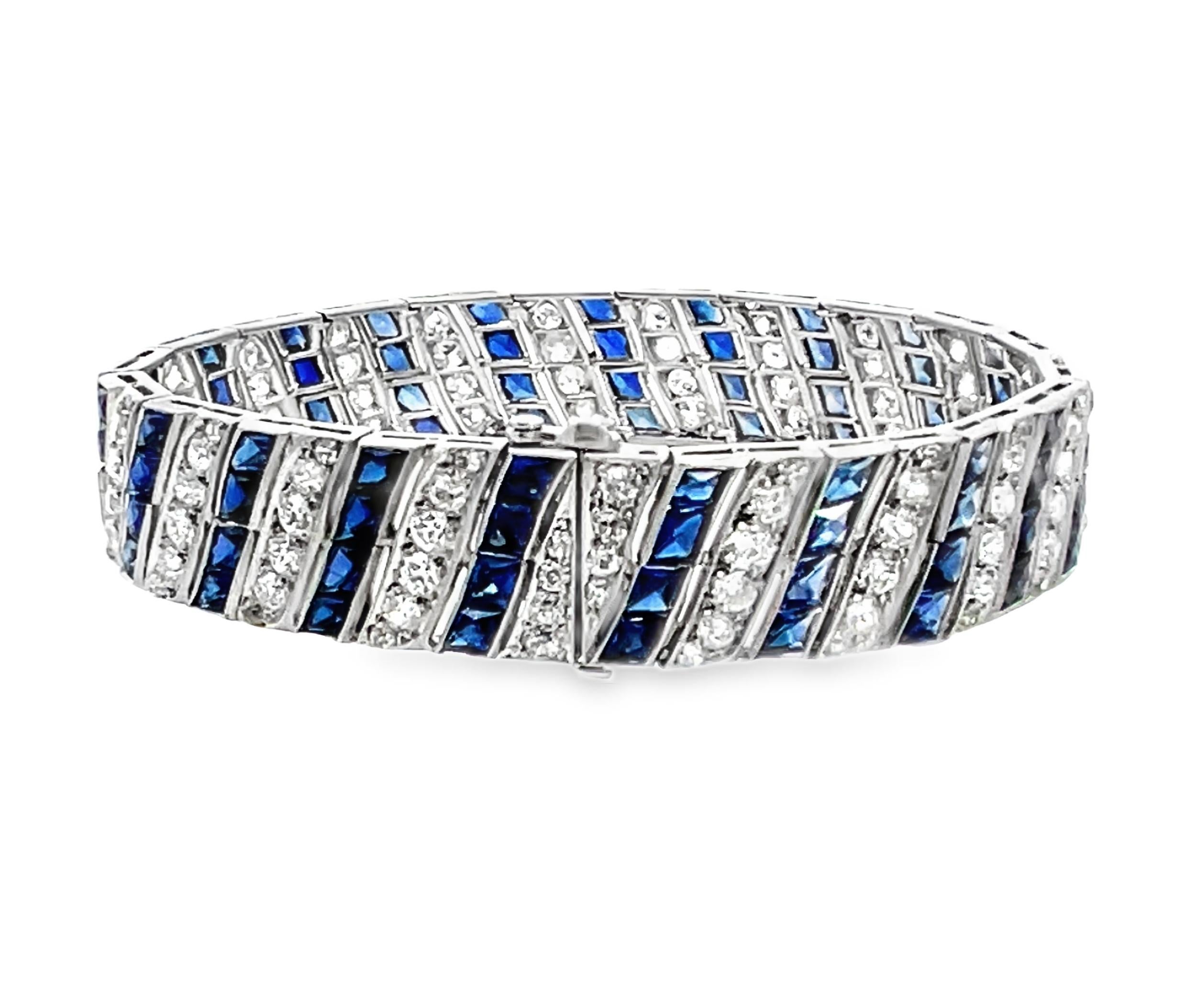 Art Deco Diamond and Sapphire Barberpole Platinum Filigree Tennis Link Bracelet For Sale 2