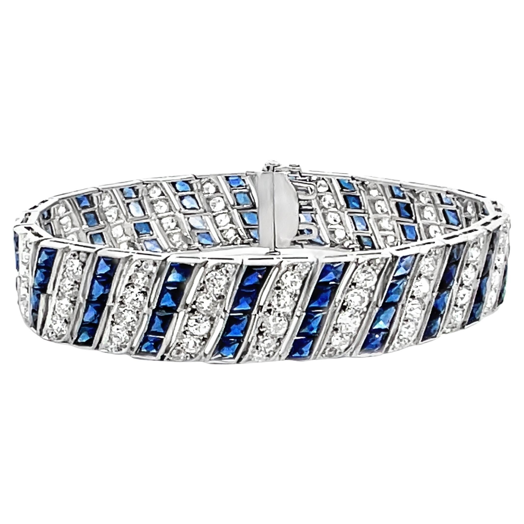 Bracciale Art Deco con diamanti e zaffiri Barberpole in platino con filigrana A Link