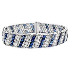 Art Deco Diamond and Sapphire Barberpole Platinum Filigree Tennis Link Bracelet