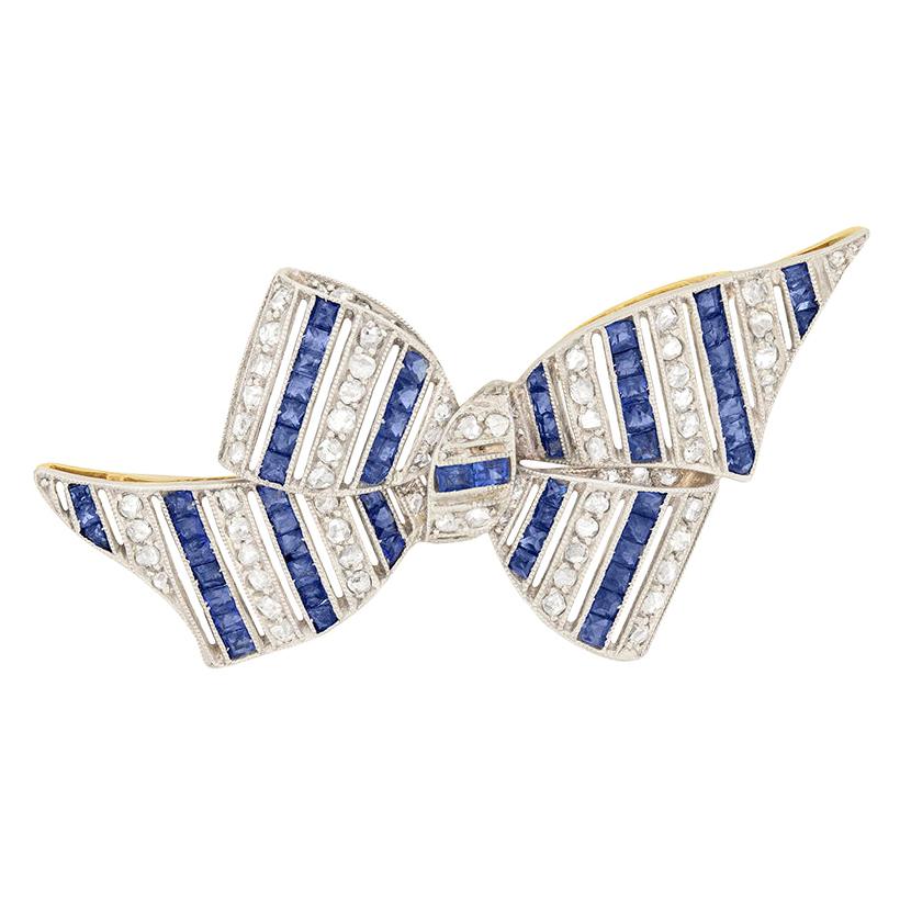 Art Deco Diamond and Sapphire Bow Brooch, circa 1920s