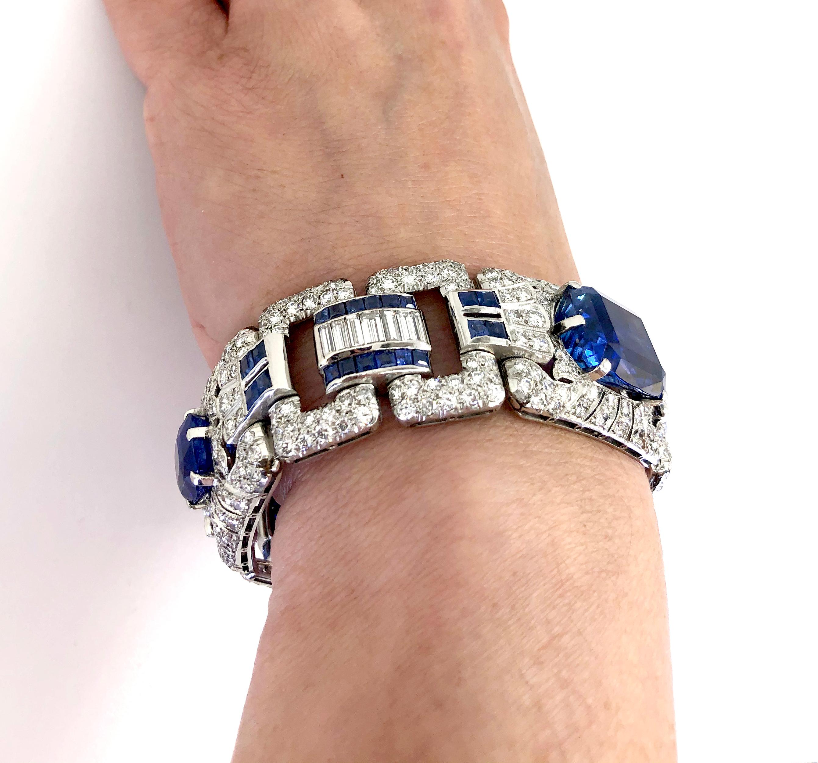 Art Deco Diamond Sapphire Platinum Bracelet For Sale 3