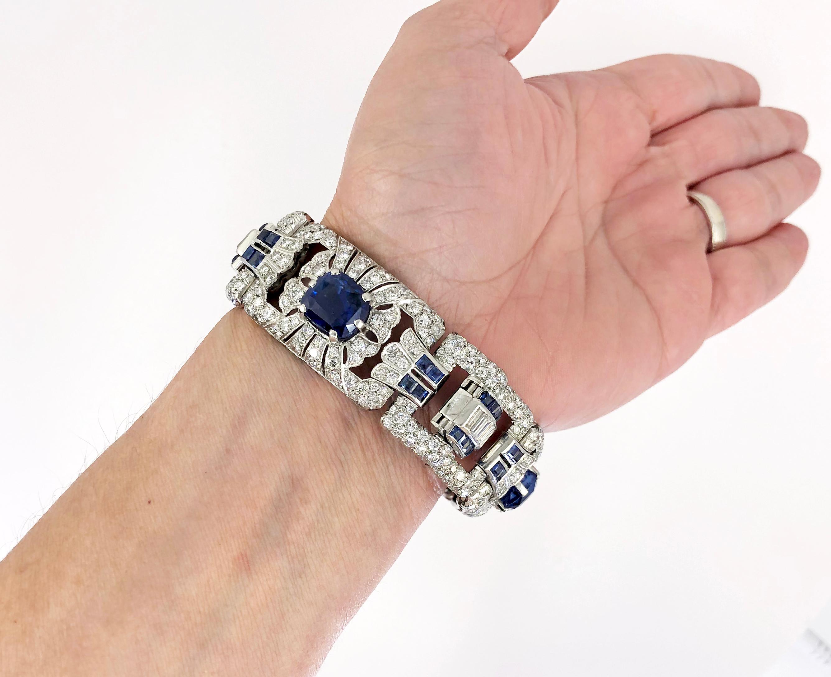 Art Deco Diamond Sapphire Platinum Bracelet For Sale 4