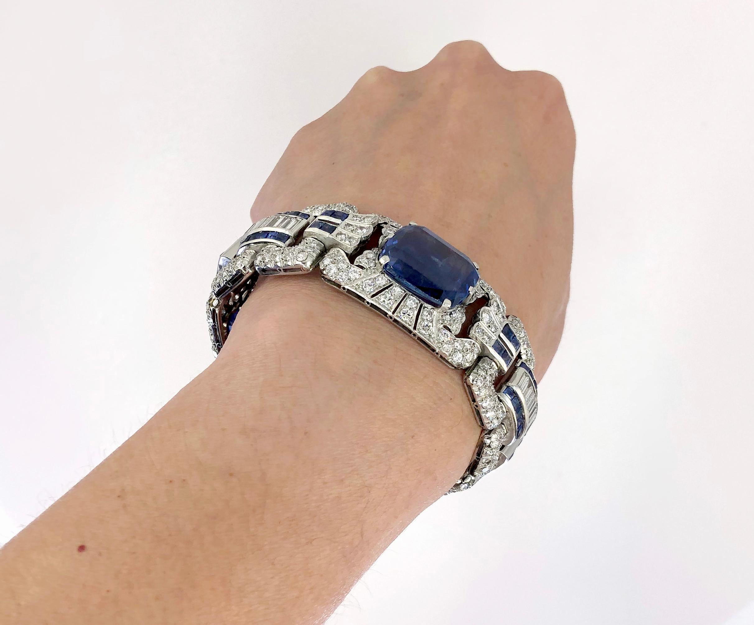 Art Deco Diamond Sapphire Platinum Bracelet For Sale 5