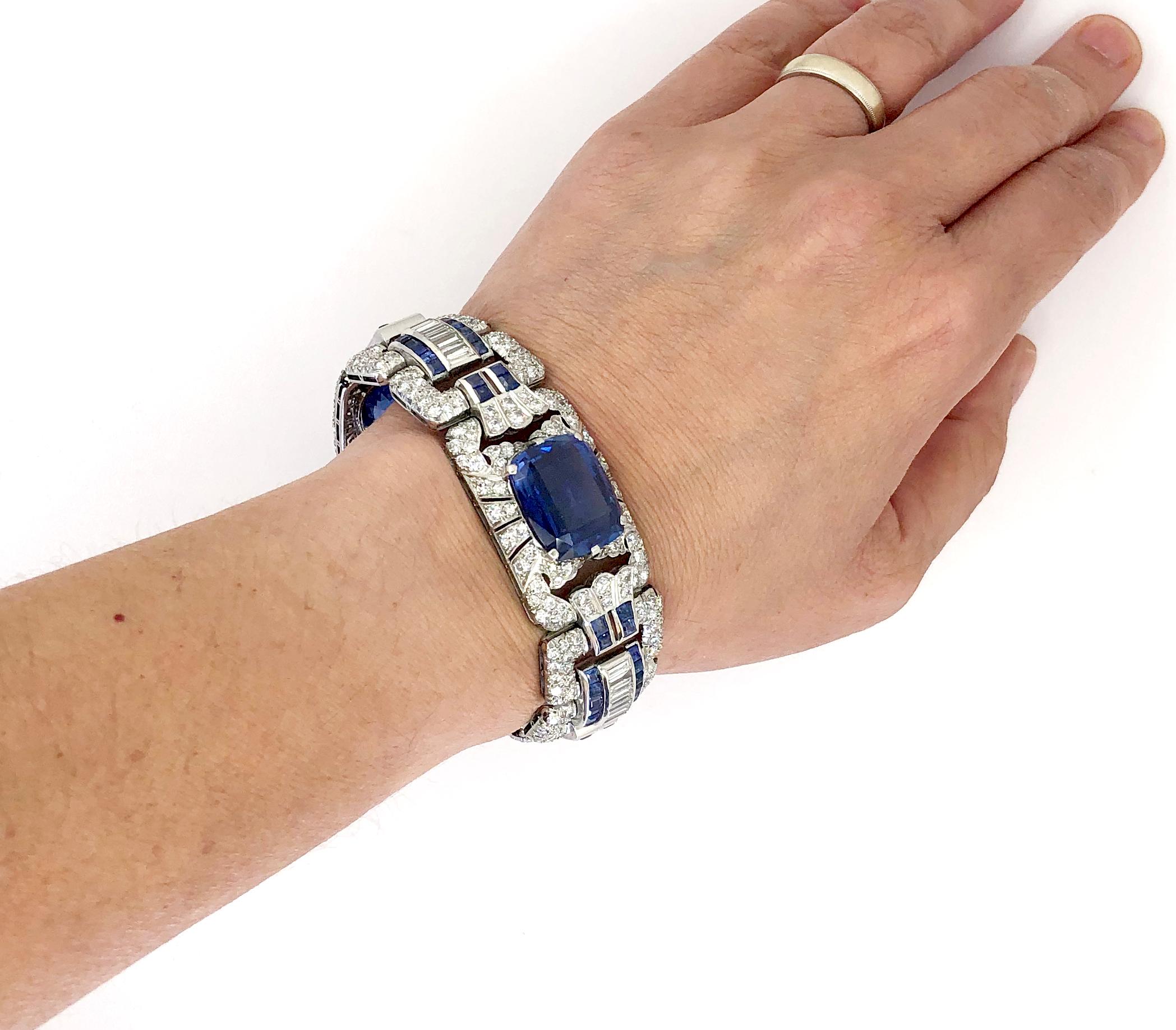 Art Deco Diamond Sapphire Platinum Bracelet For Sale 6
