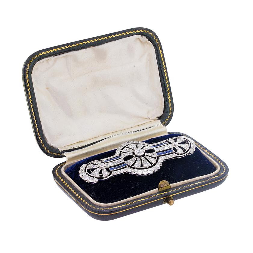 Old European Cut Art Deco Diamond and Sapphire Brooch, circa 1920s For Sale
