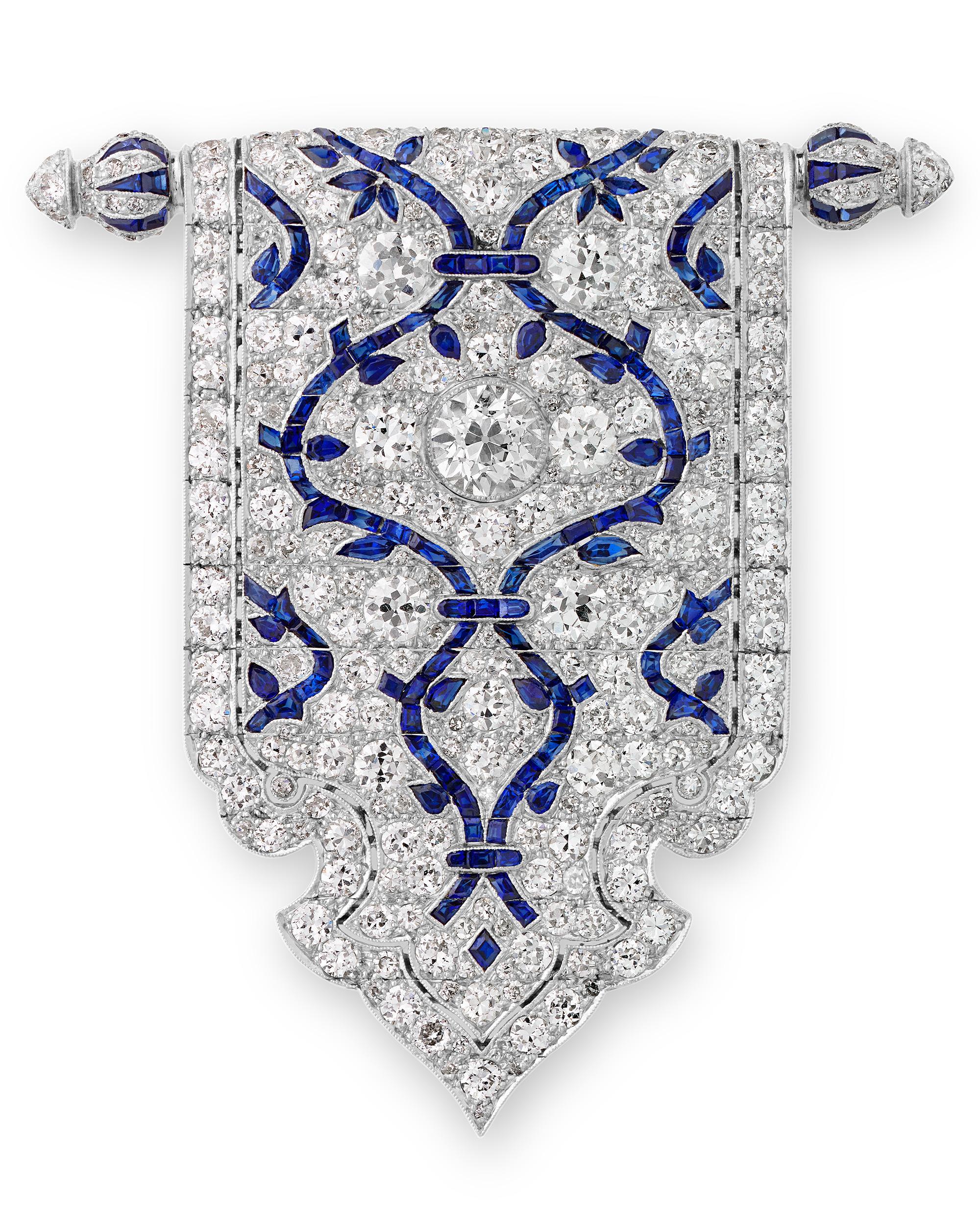 Old Mine Cut Art Deco Diamond And Sapphire Brooch