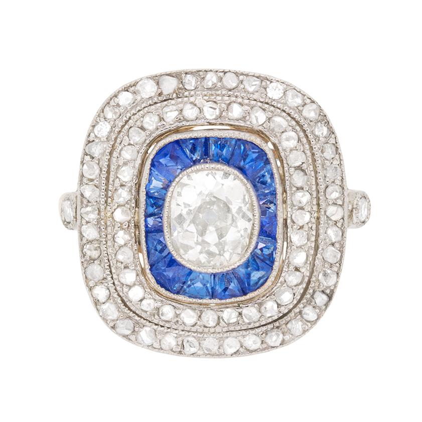Art Deco Diamond and Sapphire Cluster Ring, circa 1920s