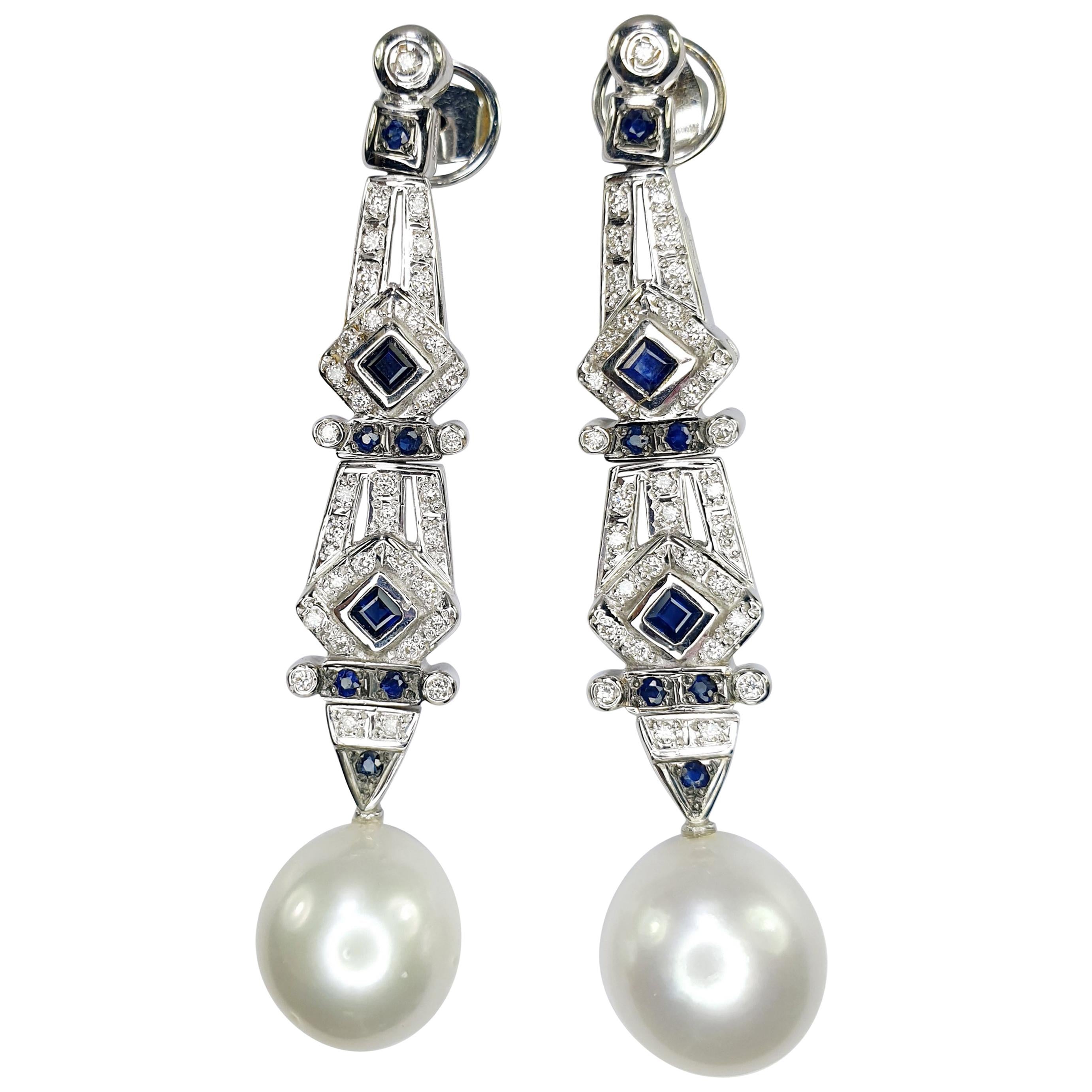 Art Deco Style Diamond and Sapphire Cultivated Pearl Earring For Sale