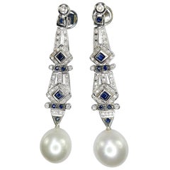 Boucles d'oreilles de style Art déco en perles de culture avec diamants et saphirs