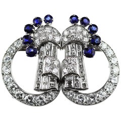 Art Deco 1920 Diamond & Sapphire Double Clip Brooch in 18K White Gold