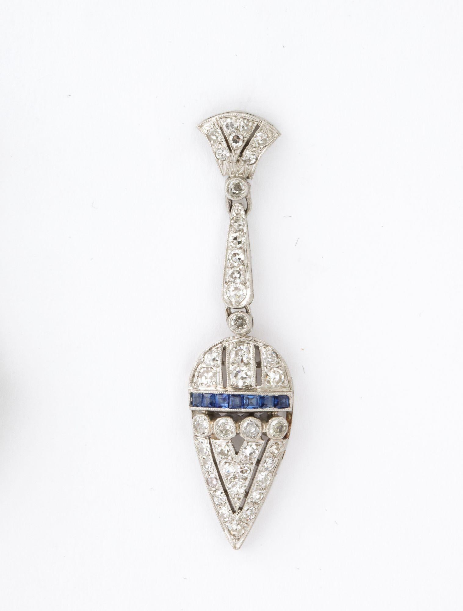 Old European Cut Art Deco Diamond and Sapphire Drop Earrings For Sale