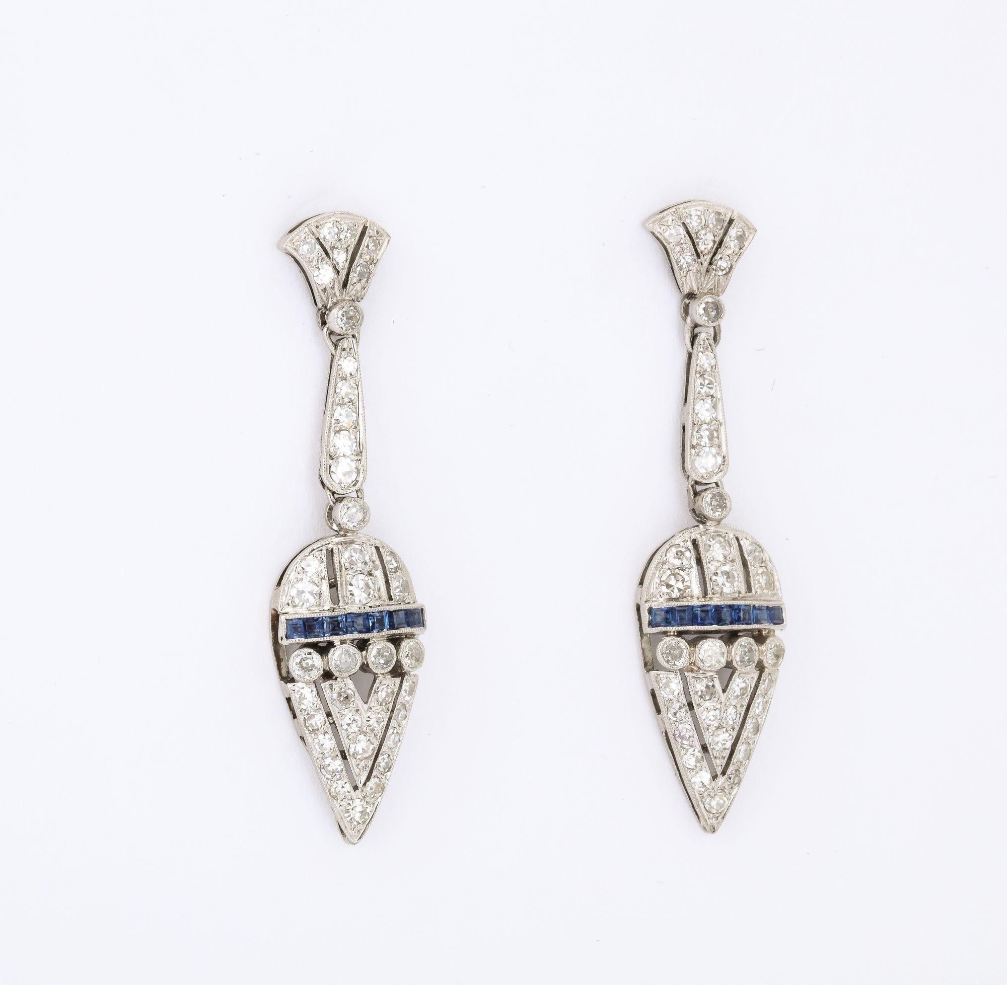Women's Art Deco Diamond and Sapphire Drop Earrings For Sale