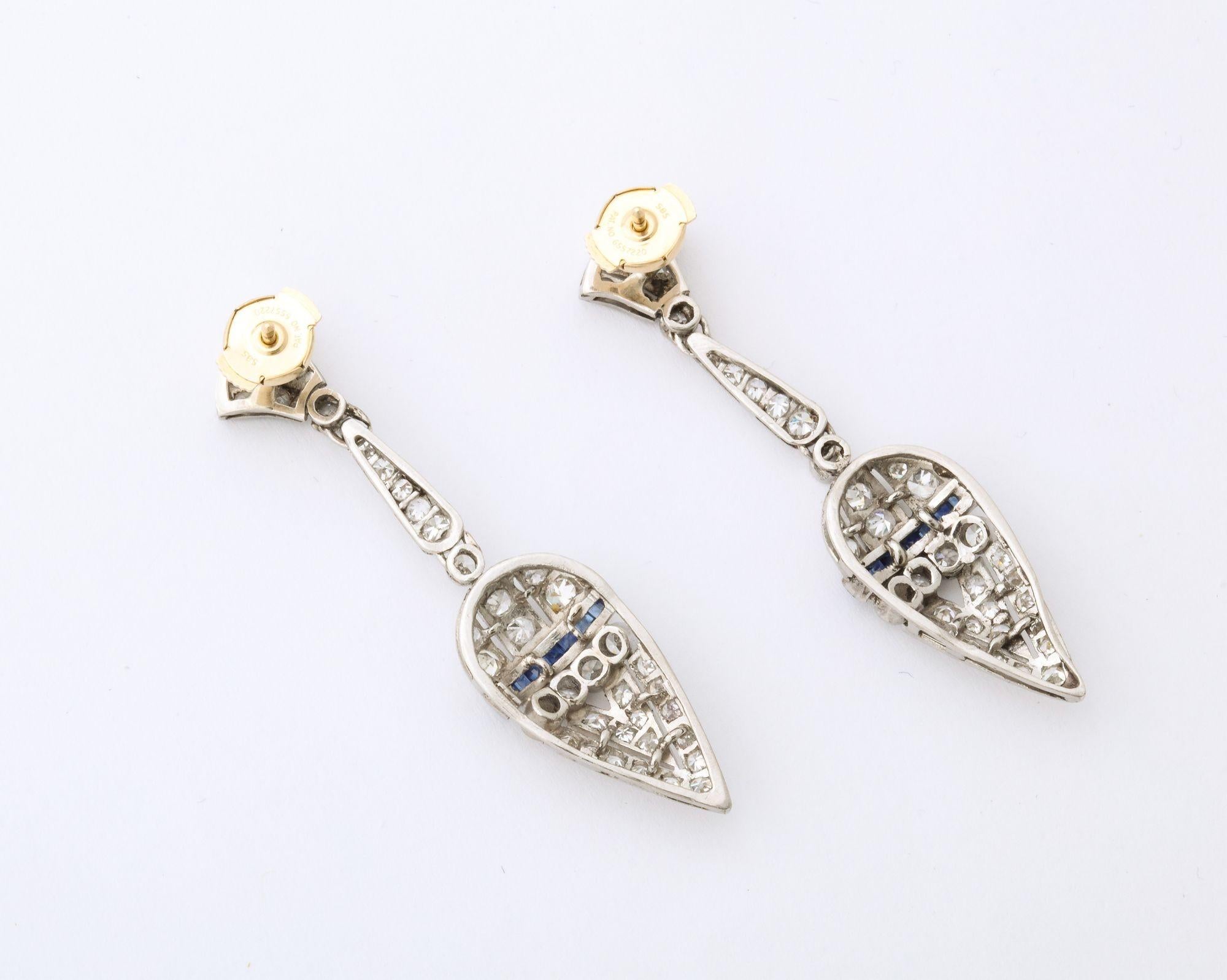Art Deco Diamond and Sapphire Drop Earrings For Sale 1