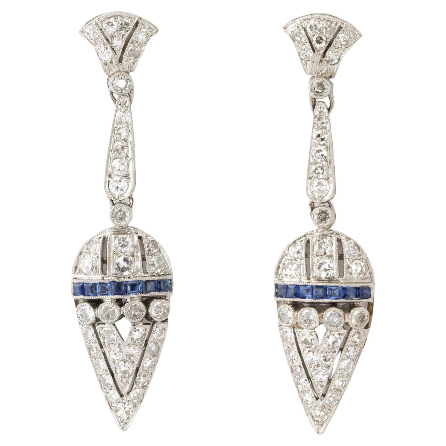 Art Deco Diamond and Sapphire Drop Earrings For Sale