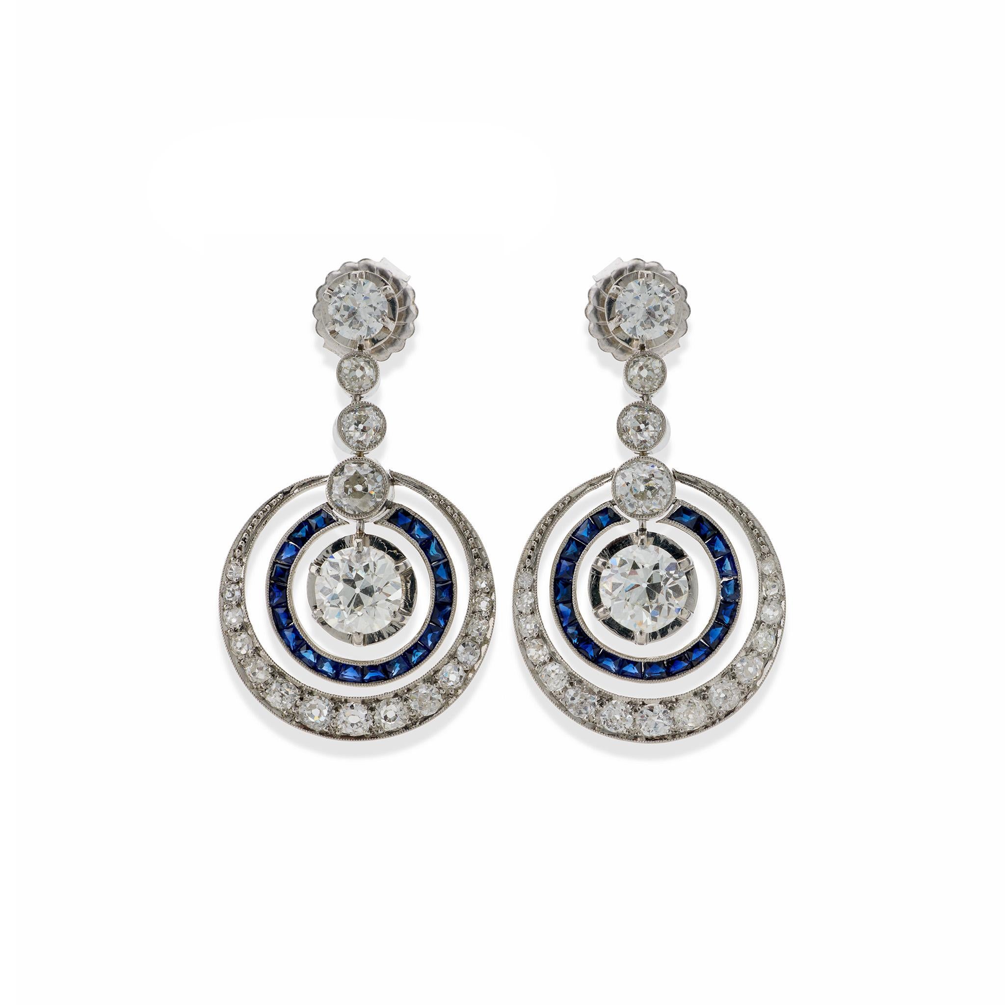 Old European Cut Art Deco Diamond and Sapphire Earrings