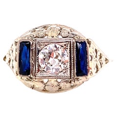 Art Deco Diamond and Sapphire Engagement Ring .73ct 18K Flower Basket