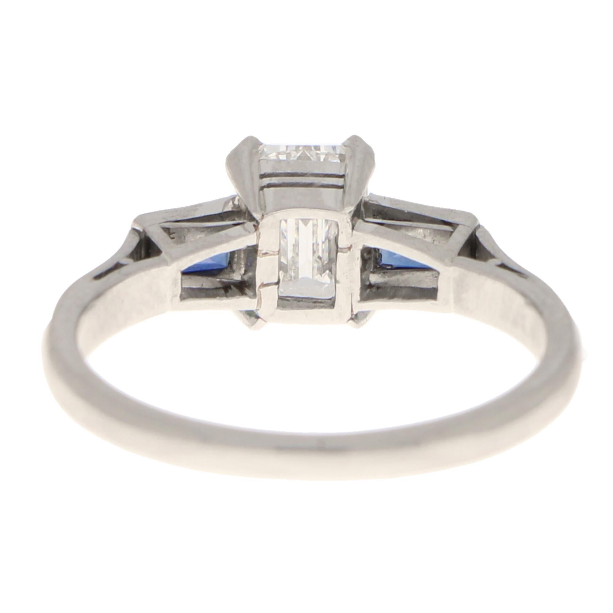 Emerald Cut GIA Certified Art Deco Diamond and Sapphire Engagement Ring Set in Platinum For Sale