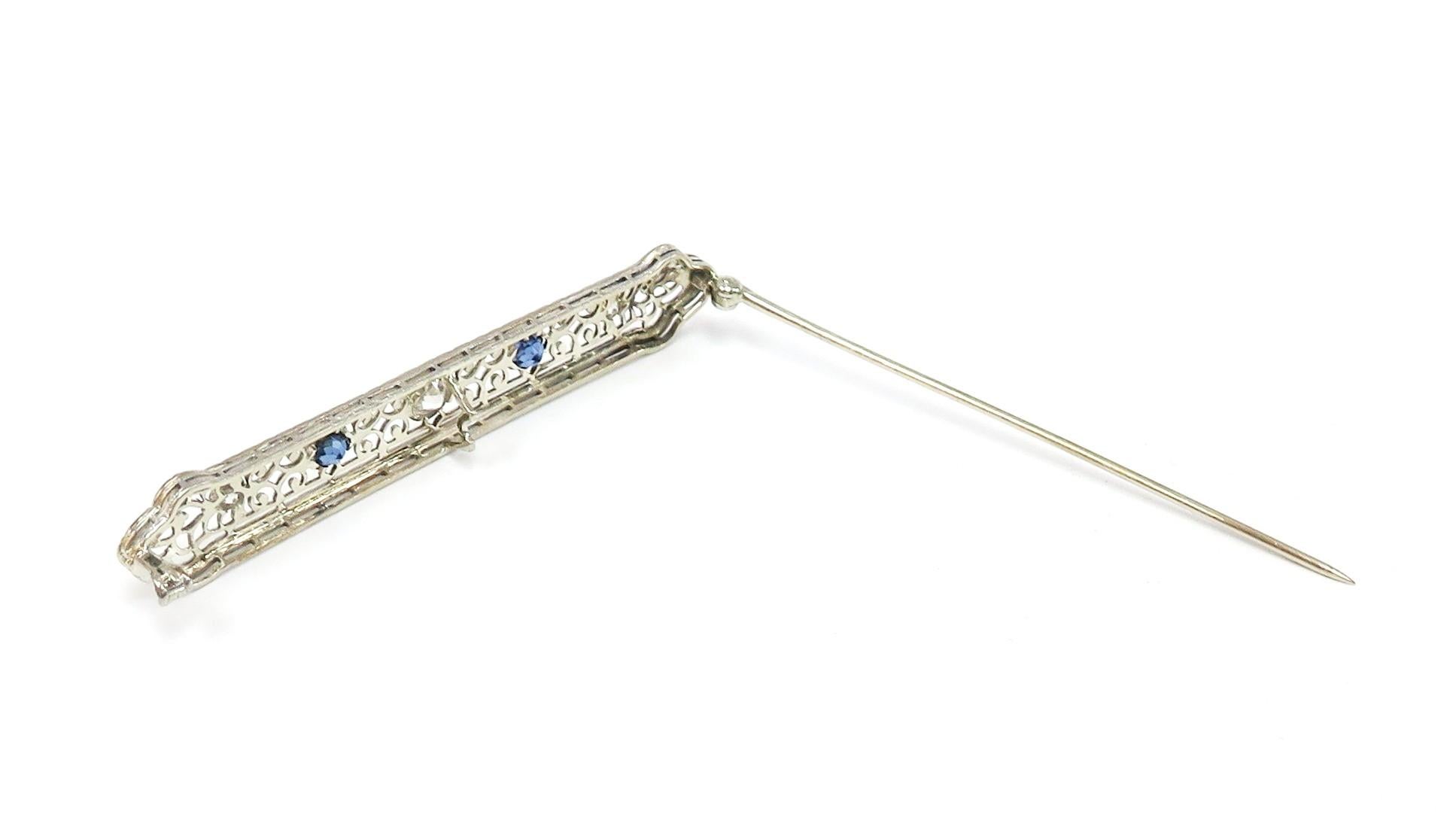 Round Cut Art Deco Diamond and Sapphire Filigree Bar Pin / 14 Karat White Gold