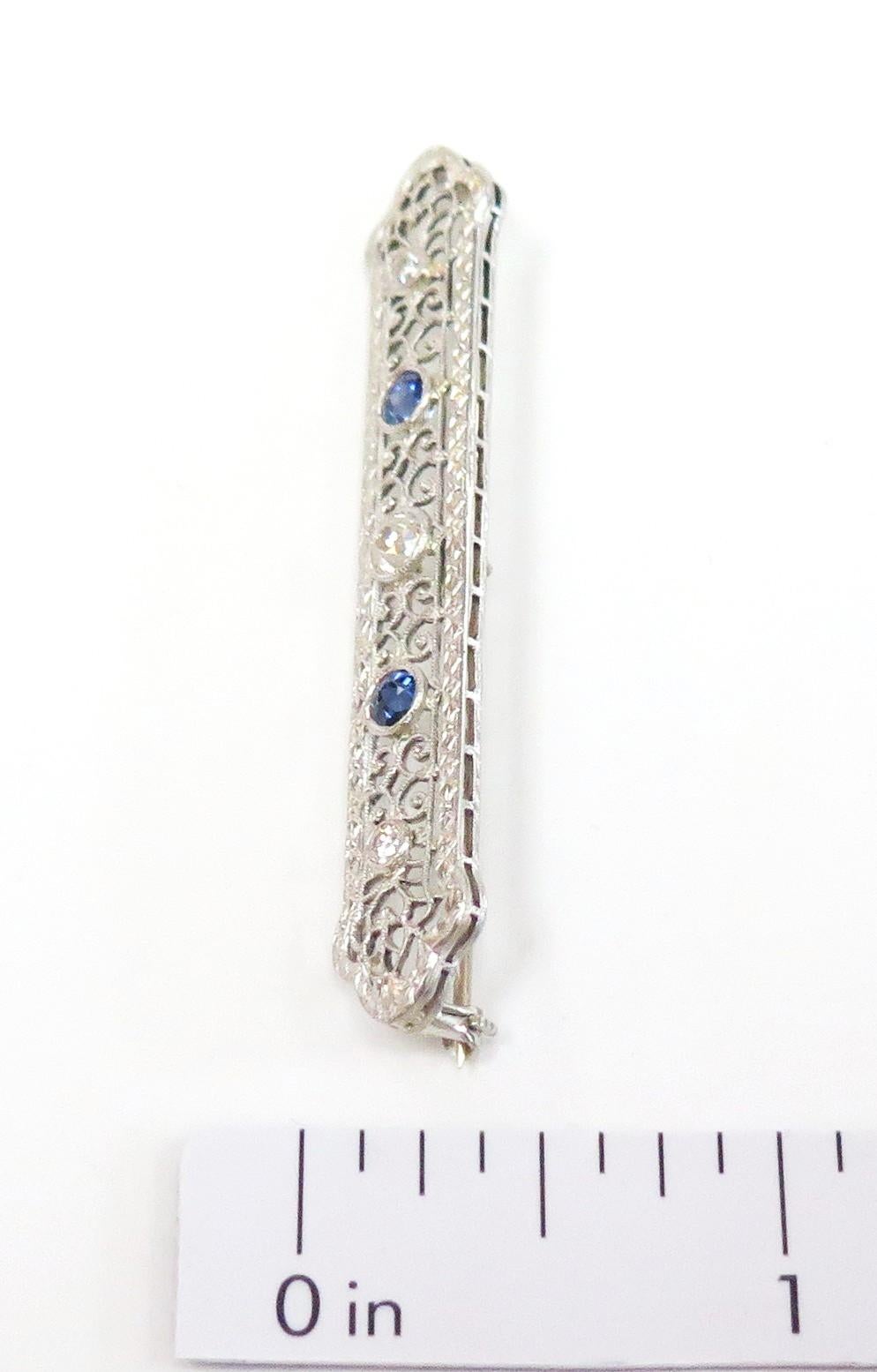 Art Deco Diamond and Sapphire Filigree Bar Pin / 14 Karat White Gold 1