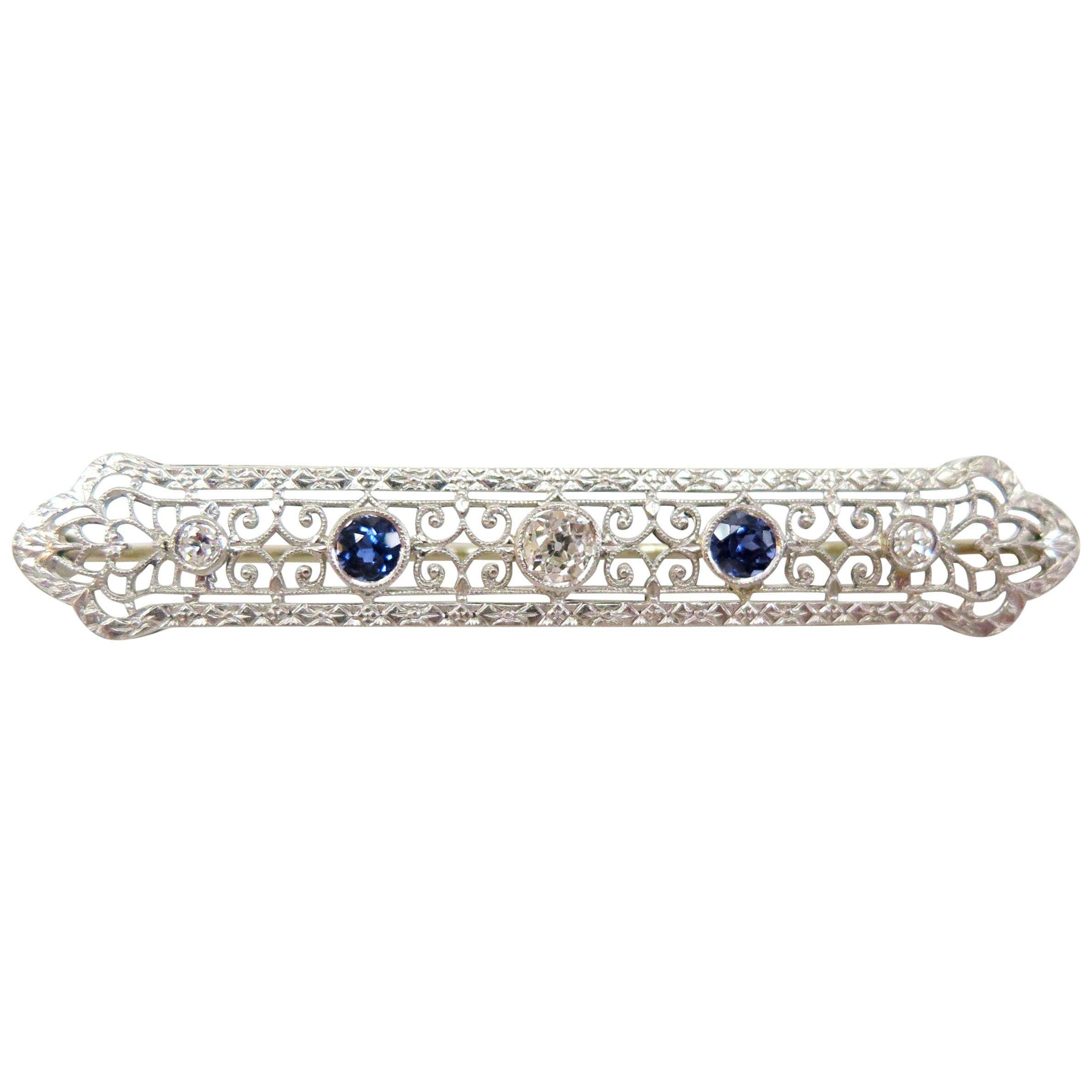 Art Deco Diamond and Sapphire Filigree Bar Pin / 14 Karat White Gold