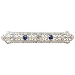 Art Deco Diamond and Sapphire Filigree Bar Pin / 14 Karat White Gold